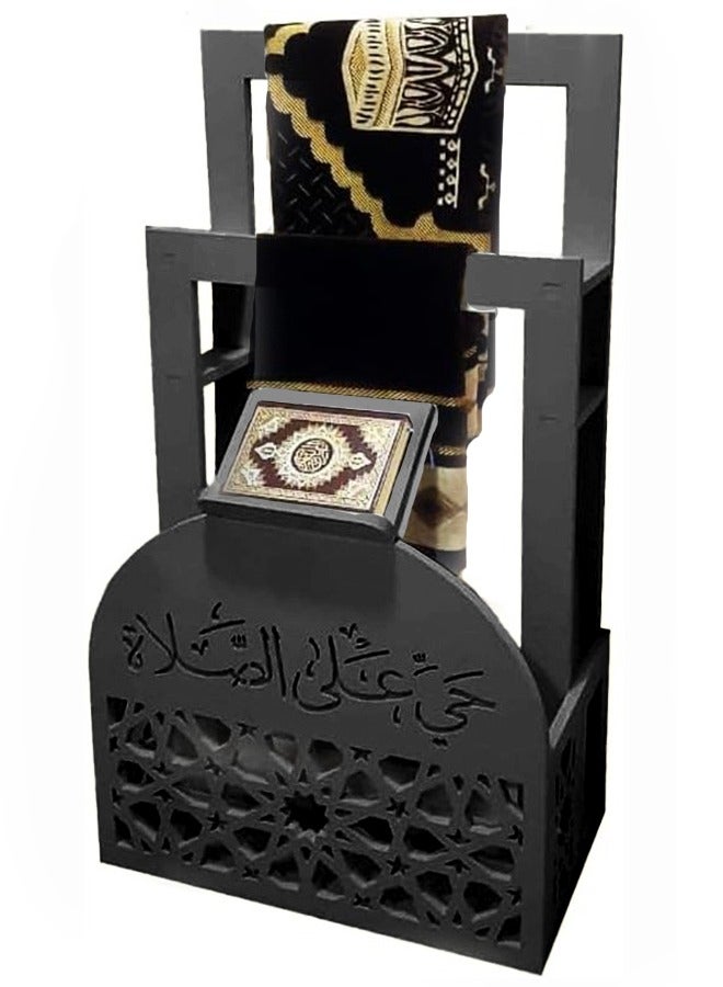 Eworld Elegant Black 2-in-1 Prayer Mat Stand with Integrated Quran Holder | Islamic Décor with Arabic Calligraphy | Water & Fireproof | Space-Saving Design - Image 3